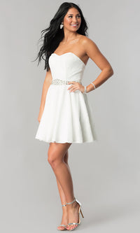  Beaded-Waist Short Strapless Lace Homecoming Dress