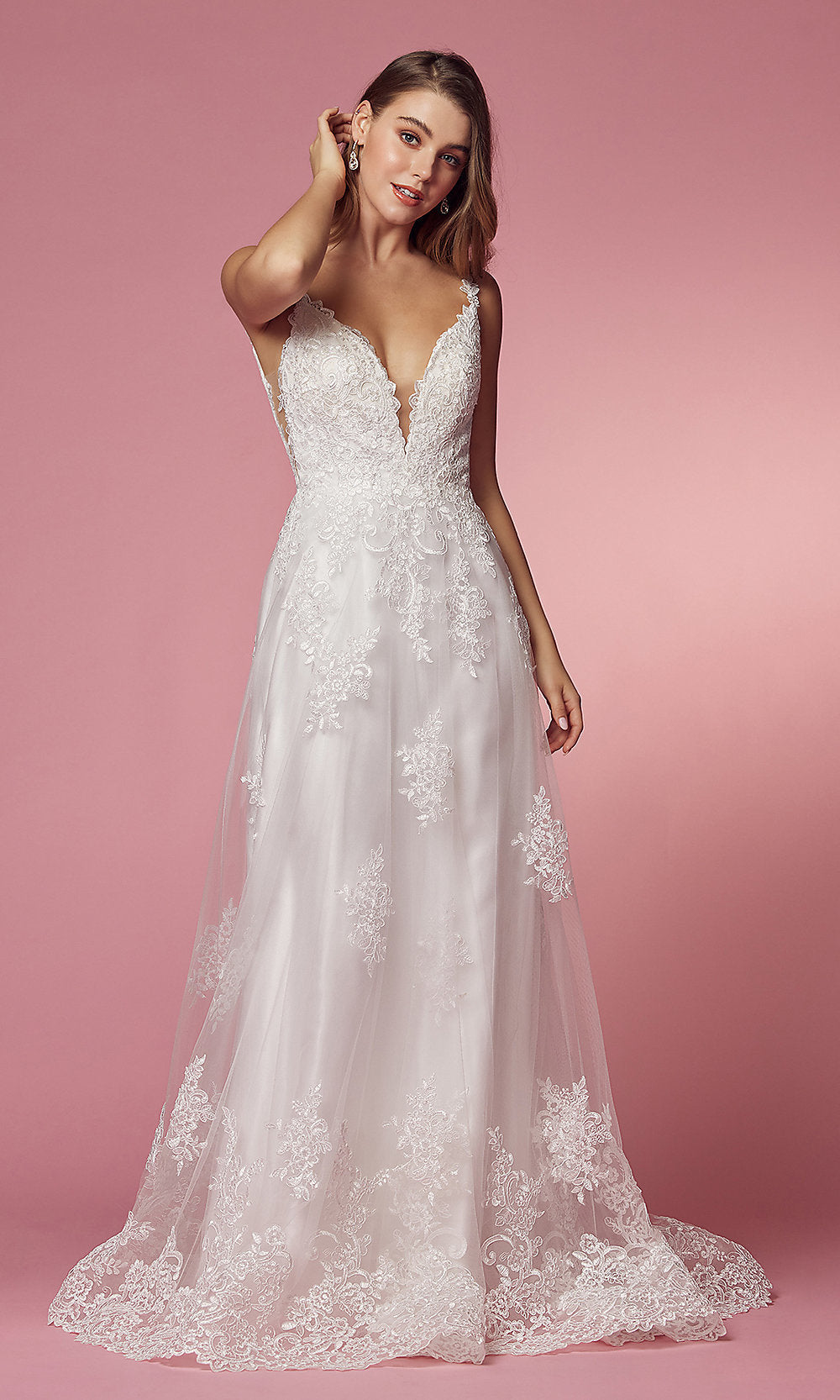 Long White Formal Ball Gown with Lace Applique