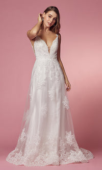 White Lace-Applique White Long Formal Ball Gown
