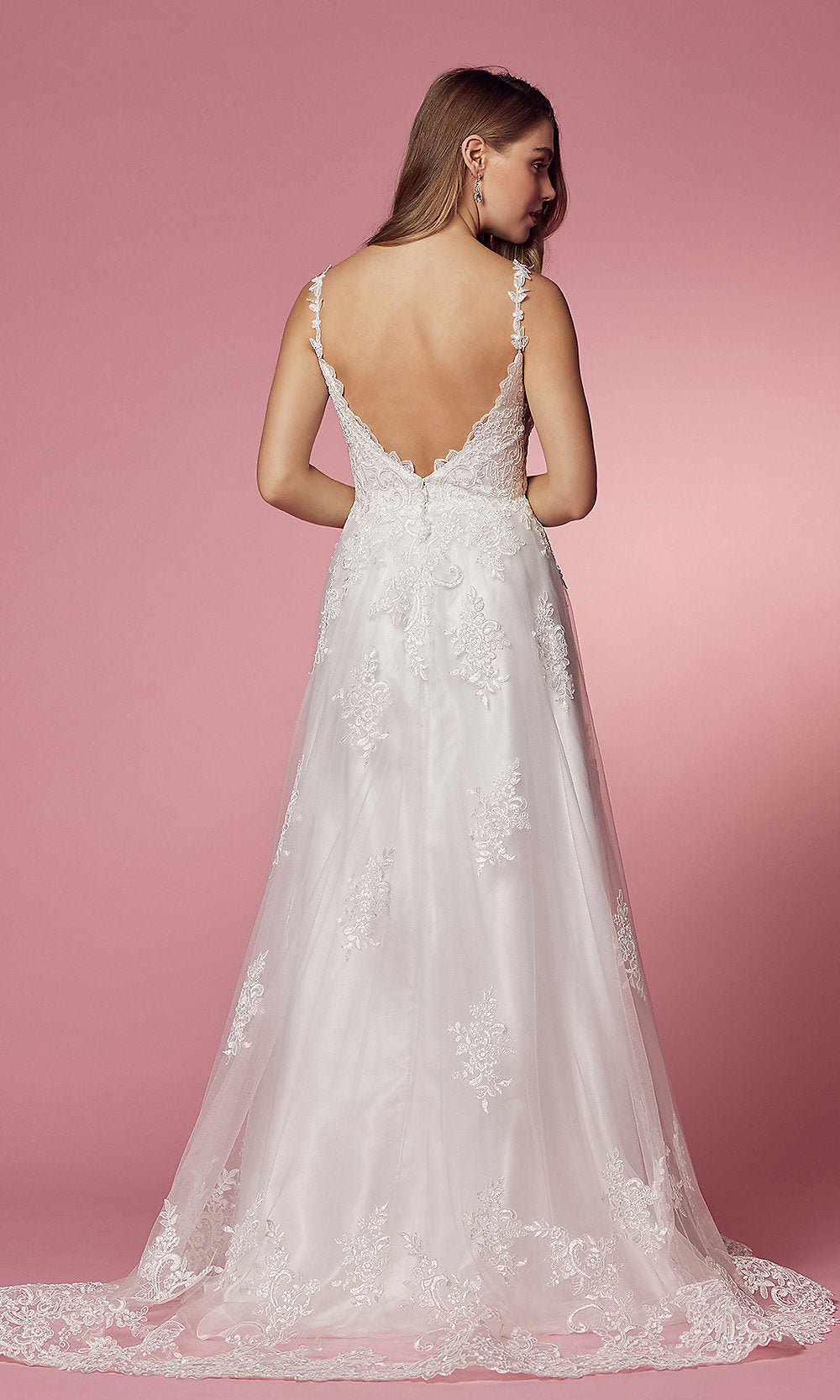 Long White Formal Ball Gown with Lace Applique
