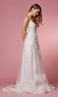  Lace-Applique White Long Formal Ball Gown