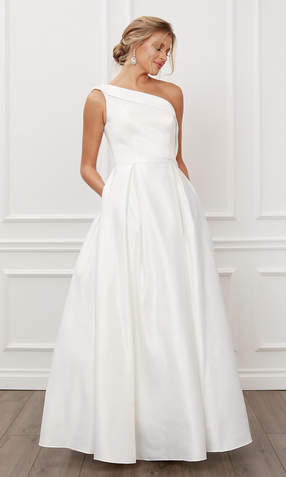 White Prom One-Shoulder Long White Ball Gown with Pockets