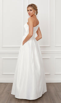  Prom One-Shoulder Long White Ball Gown with Pockets