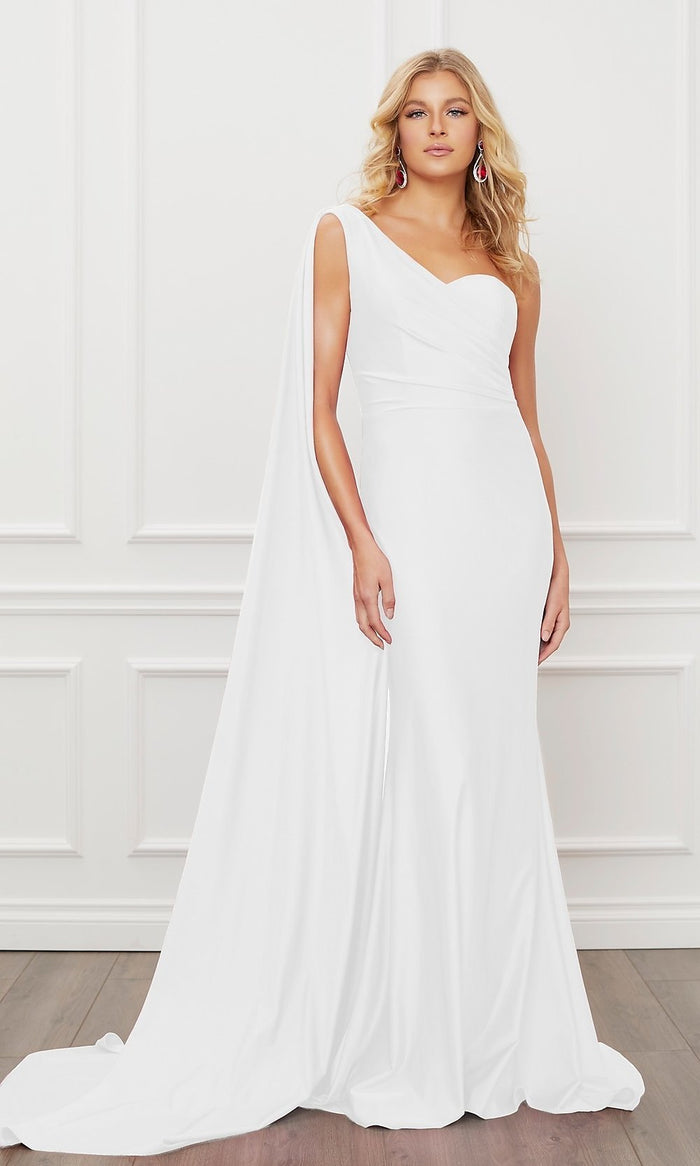 White One-Shoulder Long White Formal Dress with Train