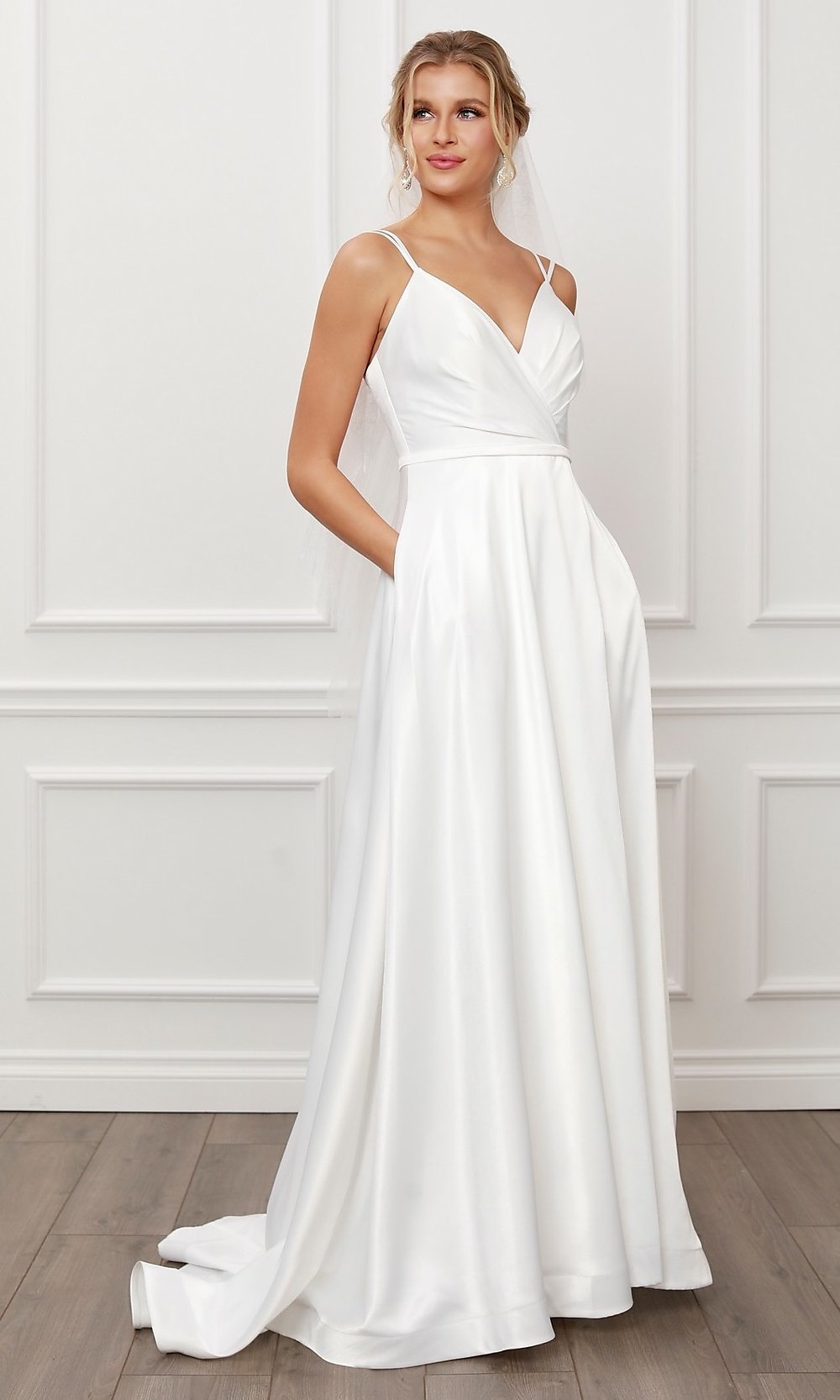 White Long White Satin A-Line Formal Gown with Pockets