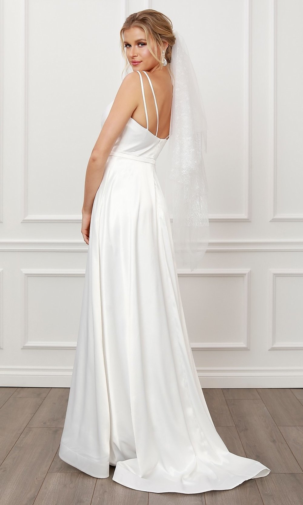  Long White Satin A-Line Formal Gown with Pockets