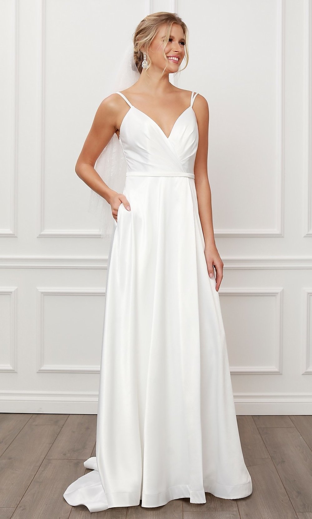  Long White Satin A-Line Formal Gown with Pockets