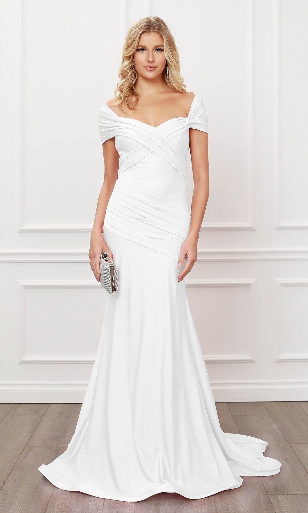 White Off-the-Shoulder Long Formal Prom Dress with Train