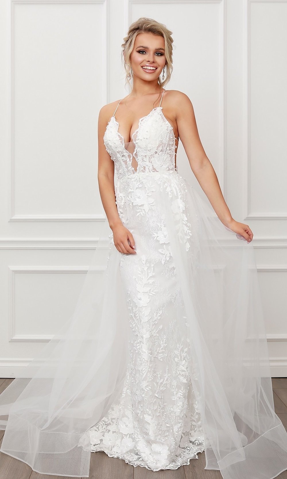 White Long Lace Formal Gown with Tulle Overskirt