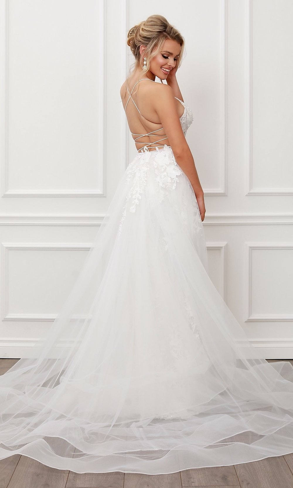 Long White Lace Formal Gown with Tulle Overskirt