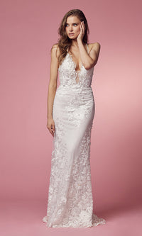  Long White Lace Formal Gown with Tulle Overskirt
