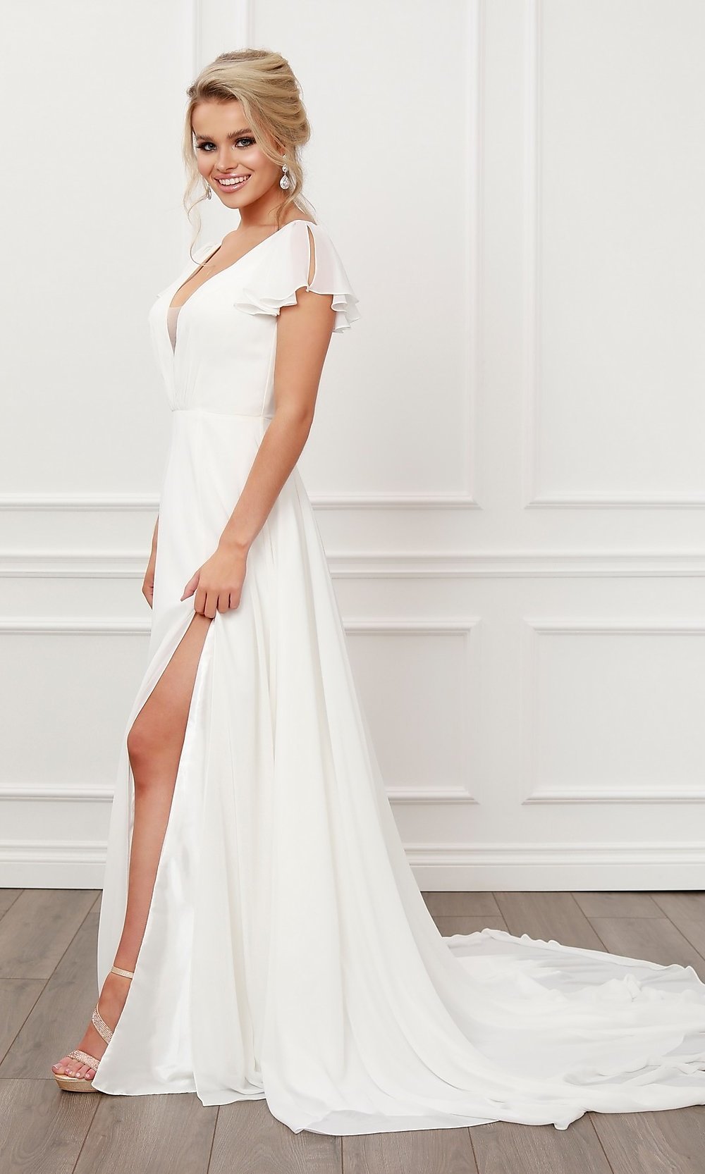 White Jersey Half Sleeve Simple Long Wedding Dress - Xdressy