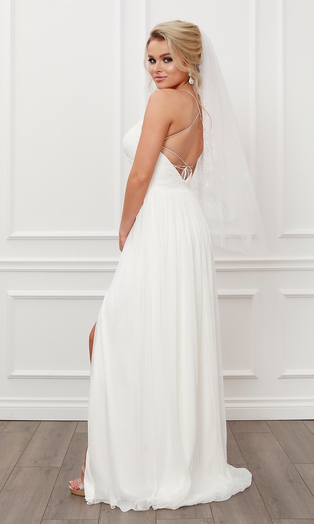  Pleated A-Line Long White Chiffon Formal Prom Dress