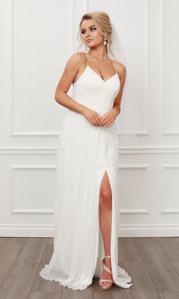  Pleated A-Line Long White Chiffon Formal Prom Dress