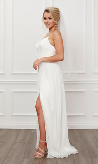  Pleated A-Line Long White Chiffon Formal Prom Dress