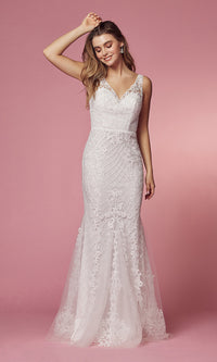 White Deep V-Back Long Prom Dress with Beaded Embroidery