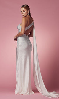  One-Shoulder Caped Long White Beaded Formal Gown