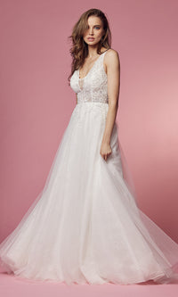 White Sheer Lace-Bodice White Ball-Gown Wedding Dress
