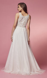  Sheer Lace-Bodice White Ball-Gown Wedding Dress