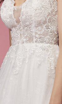  Sheer Lace-Bodice White Ball-Gown Wedding Dress