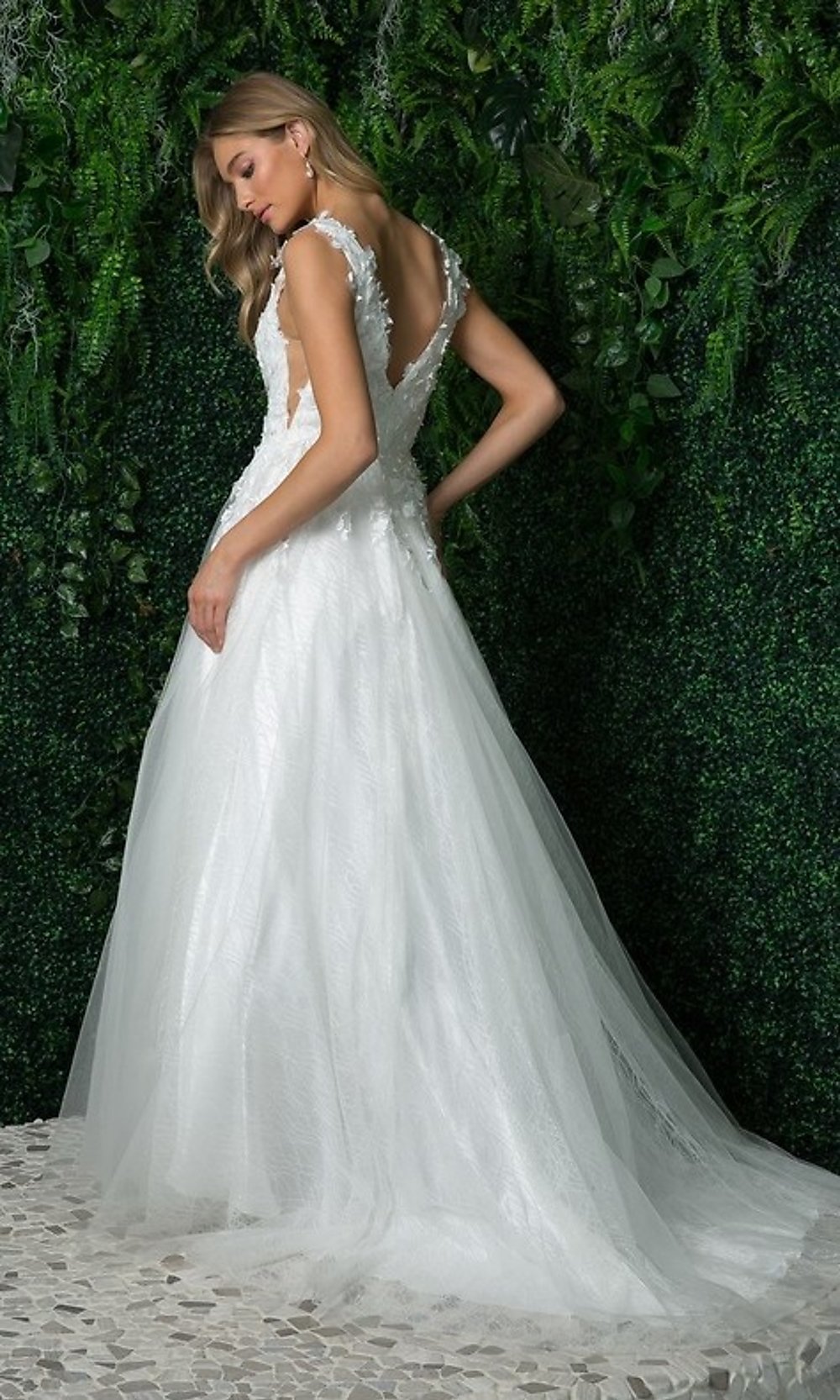  Long White Ball Gown with Floral Appliques