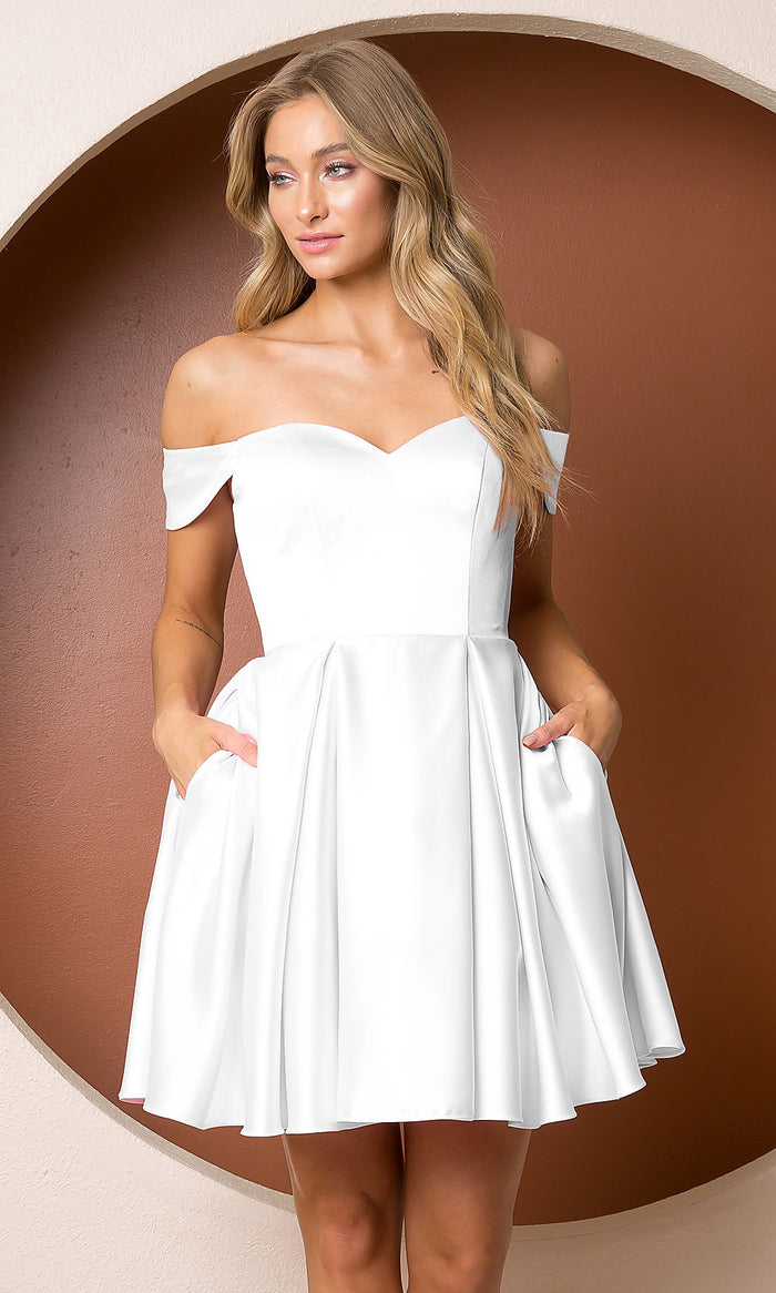 White Off-Shoulder Short Homecoming Dress with Pockets
