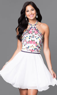 White Short Homecoming Dress with Embroidered Halter