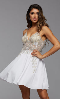 White Embroidered-Sheer-Bodice Short Prom Dress