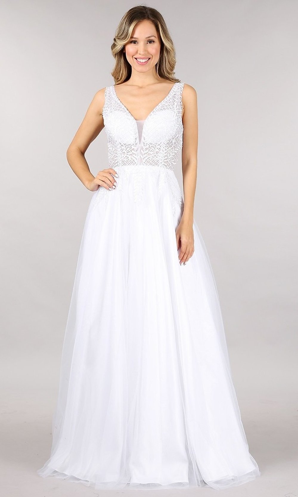 White Shail K V-Neck Long Embroidered Tulle Prom Dress
