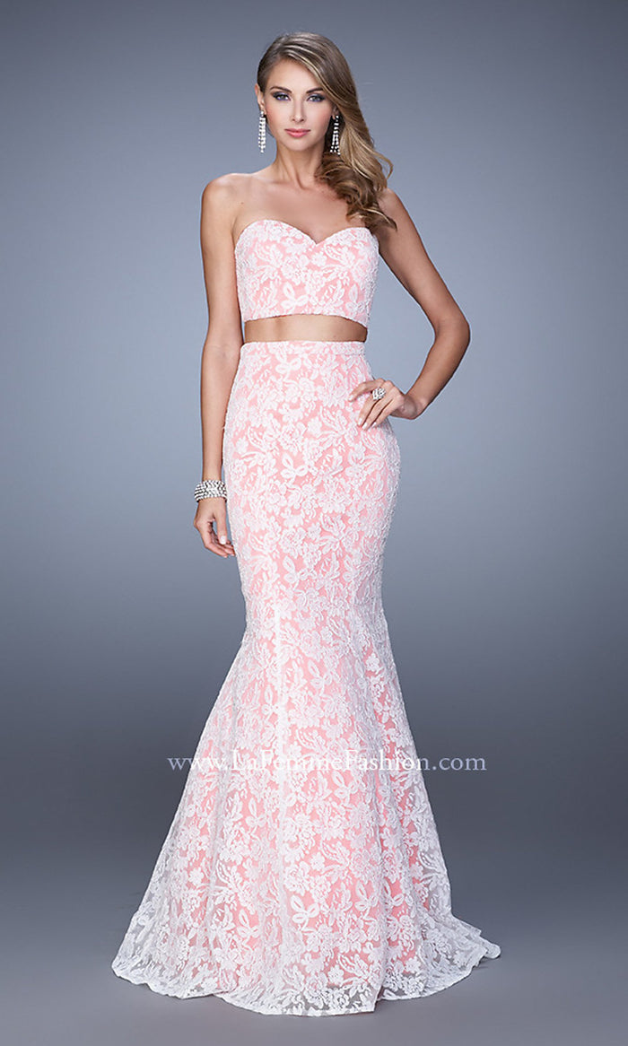 White/Hot Coral La Femme Two-Piece Long Lace Prom Dress