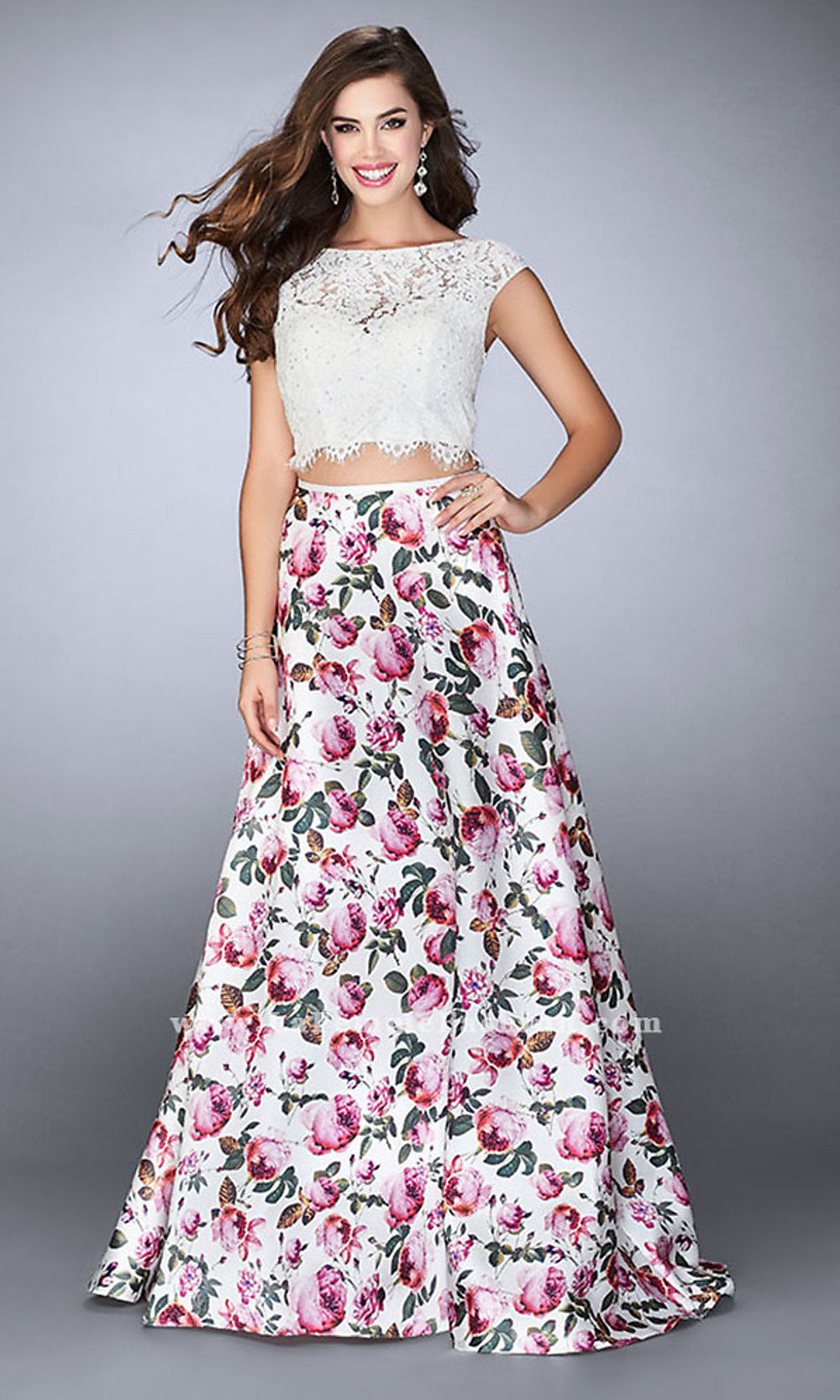 prom dresses lace two piece High Neck Two-piece Black Lace & Satin Prom Dress