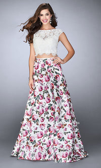 White/Multi Lace Up Back Two-Piece Prom Dress