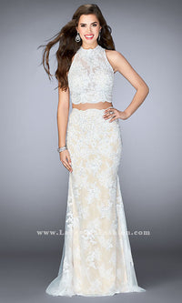White/Nude Two Piece High Neck Lace Prom Dress