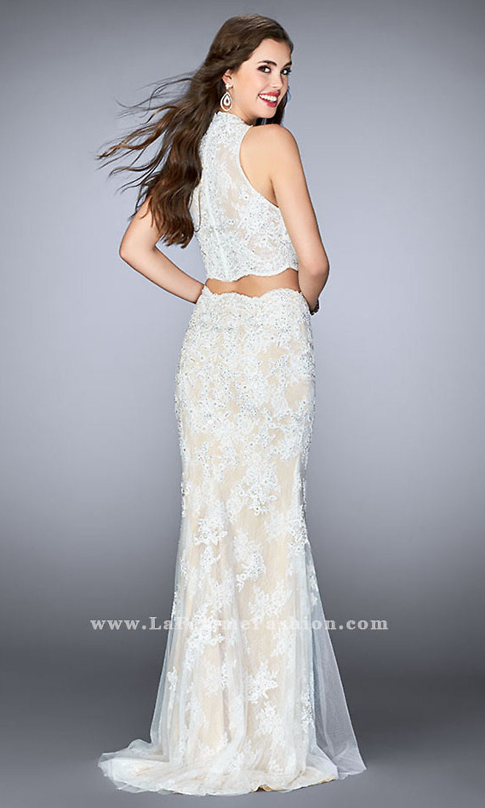  Two Piece High Neck Lace Prom Dress