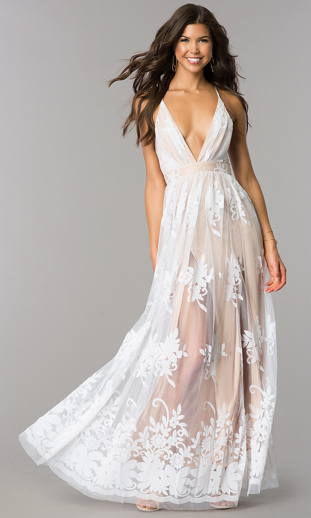 White/Nude Illusion Long Formal Dress with Low V-Neck and Slits