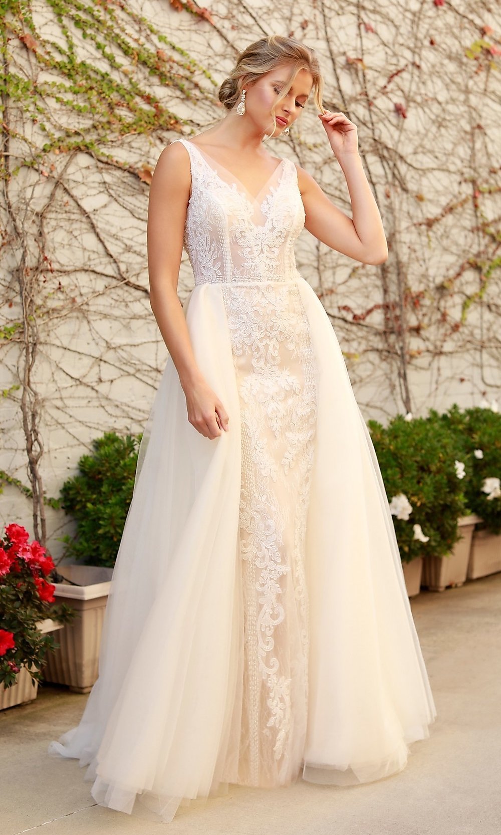 White/Nude White Sheer-Bodice Long Lace & Tulle Formal Gown