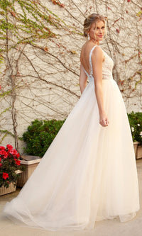  White Sheer-Bodice Long Lace & Tulle Formal Gown