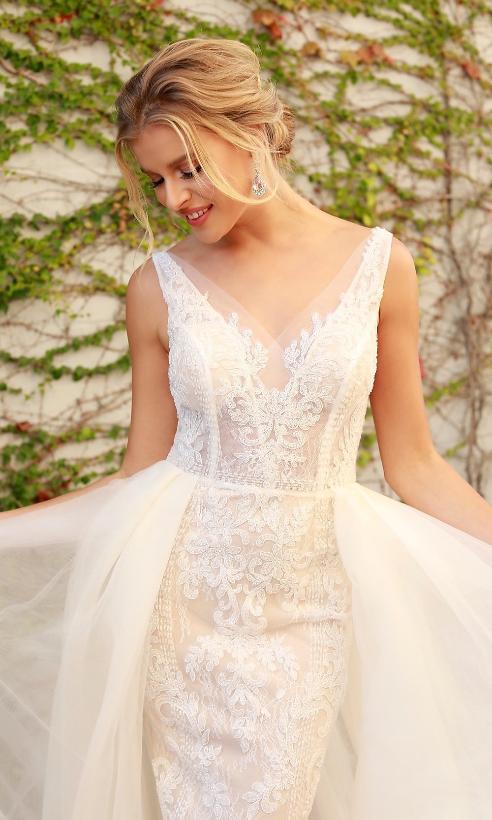  White Sheer-Bodice Long Lace & Tulle Formal Gown