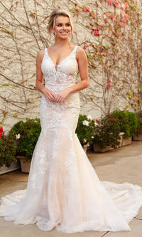 White/Nude Long White Lace Mermaid Formal Gown with Train