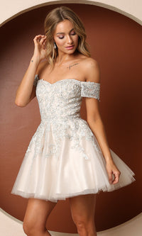 White/Nude Short White Off-the-Shoulder Homecoming Dress