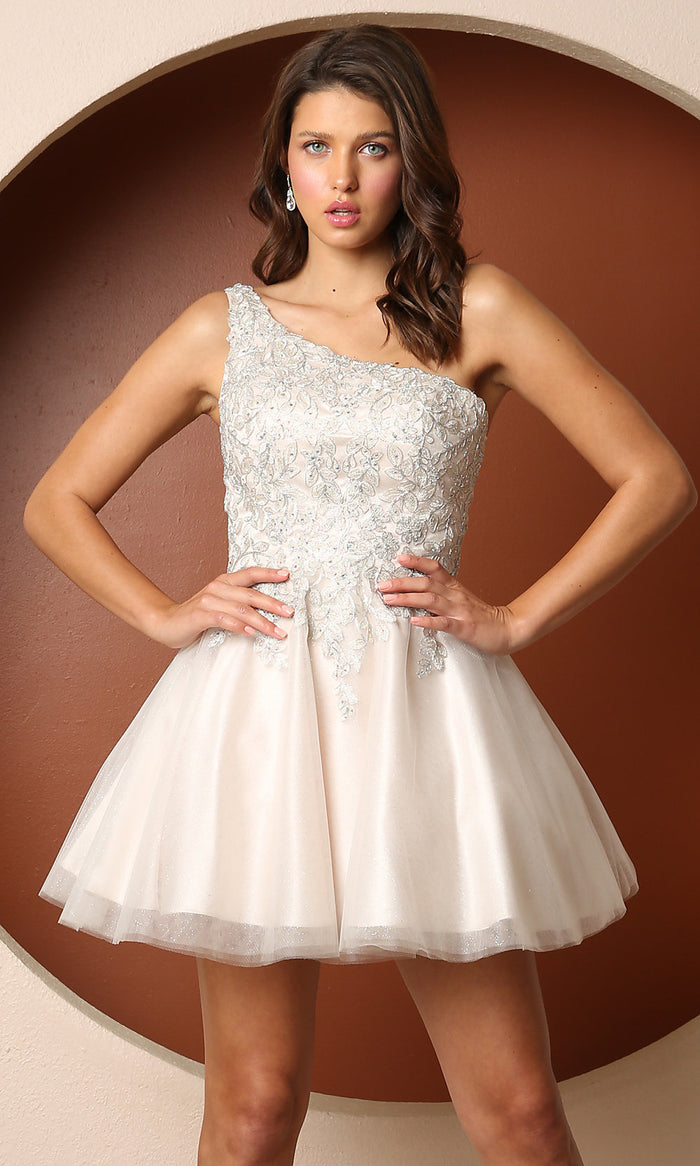 White/Nude One-Shoulder A-Line Short White Homecoming Dress