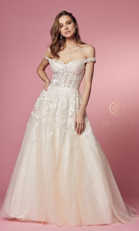 White/Nude Off-the-Shoulder Sheer-Corset Long White Ball Gown