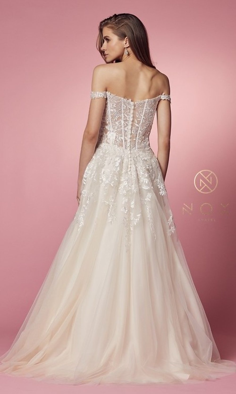  Off-the-Shoulder Sheer-Corset Long White Ball Gown