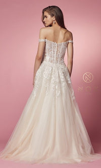  Off-the-Shoulder Sheer-Corset Long White Ball Gown
