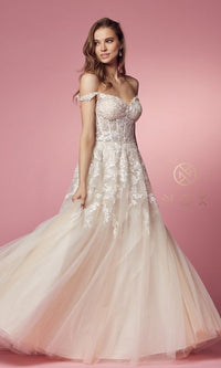  Off-the-Shoulder Sheer-Corset Long White Ball Gown