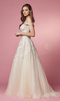  Off-the-Shoulder Sheer-Corset Long White Ball Gown