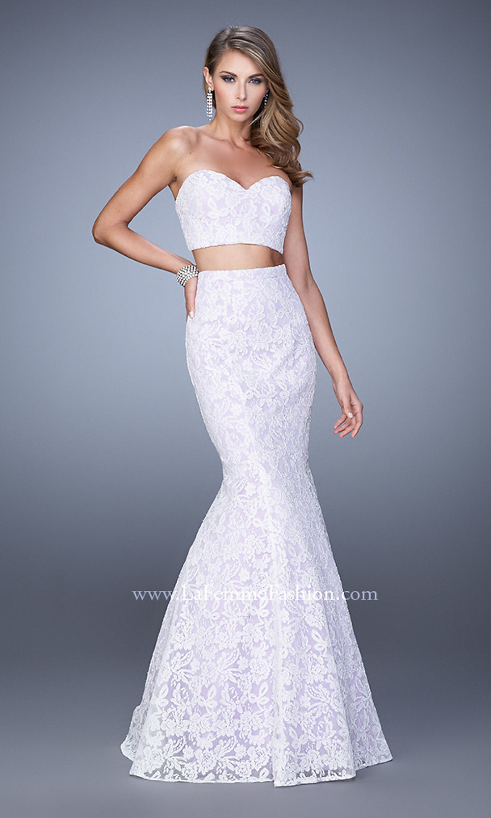 Two-Piece Long Lace Formal Prom Dress by La Femme Two-Piece Long Lace Formal Prom Dress by La Femme