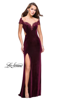 Wine Off-the-Shoulder Long La Femme Prom Dress with Applique Accents