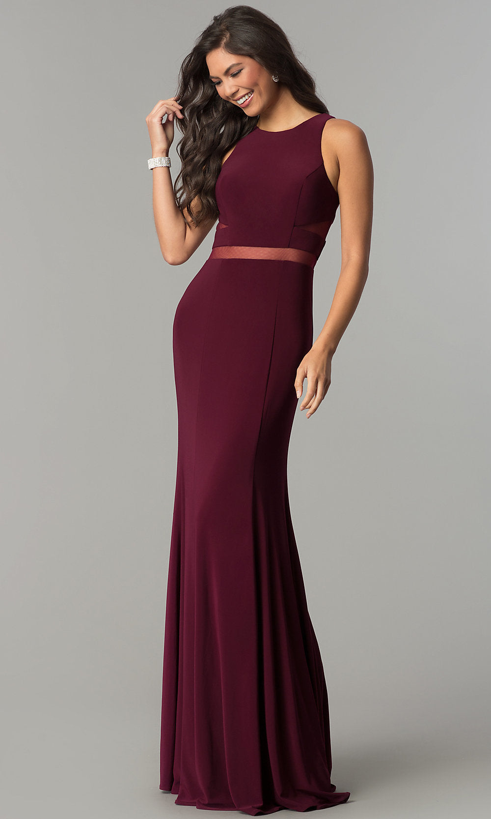 Wine Long Formal Dress with Sheer-Illusion Insets