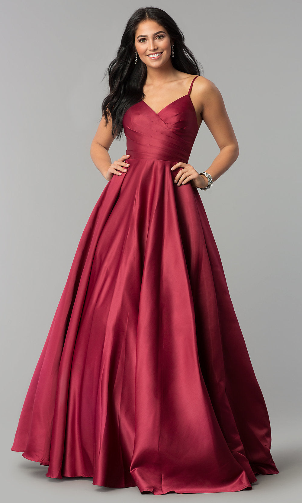 Wine Pleated-Bodice Long Classic Formal Ball Gown